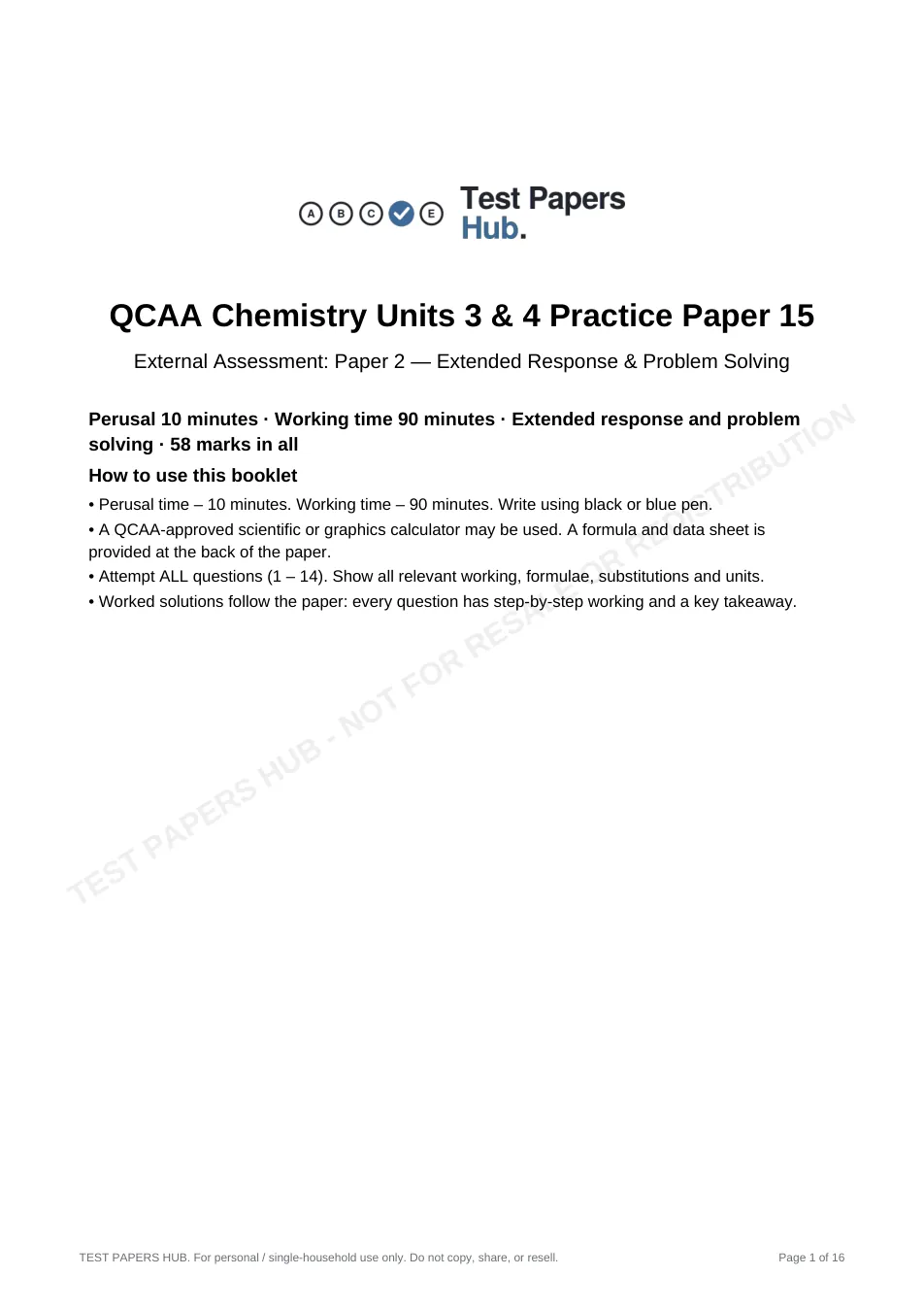 Cover page of QCE Chemistry Paper 2 Practice Paper 15