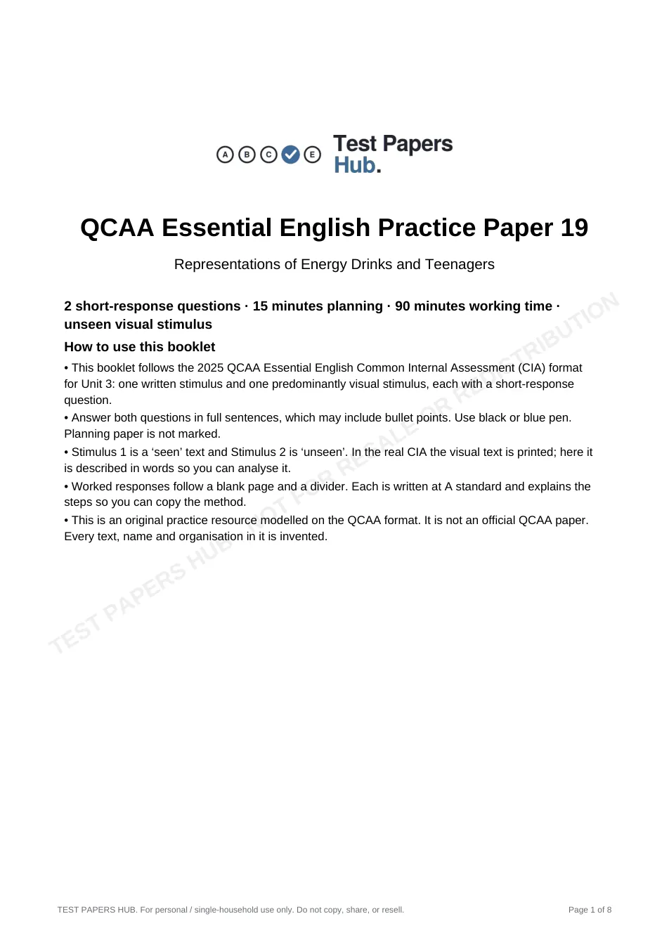 Cover page of QCE Essential English Practice Paper 19