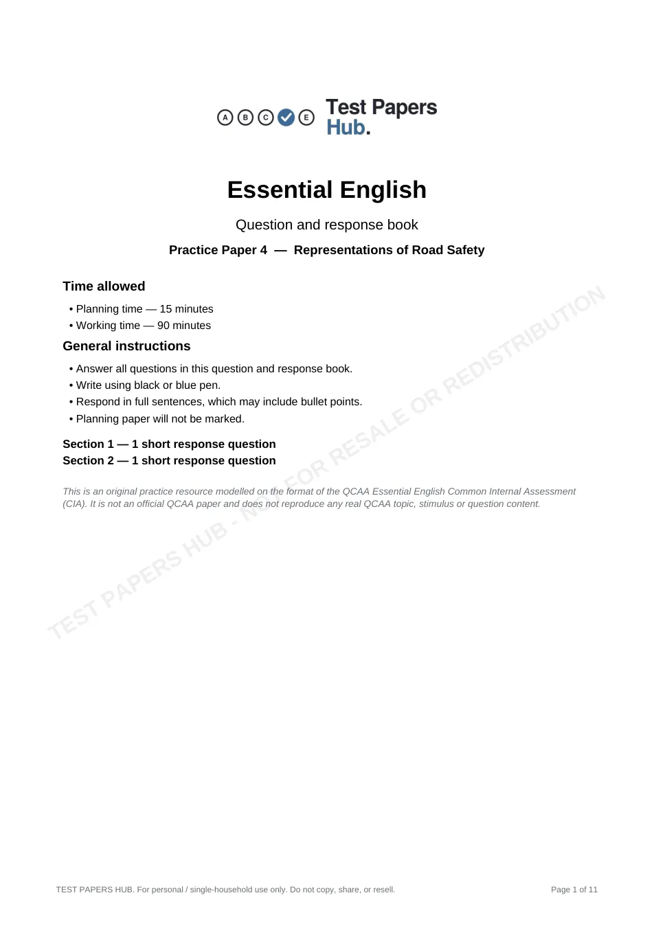 Cover page of QCE Essential English Practice Paper 4