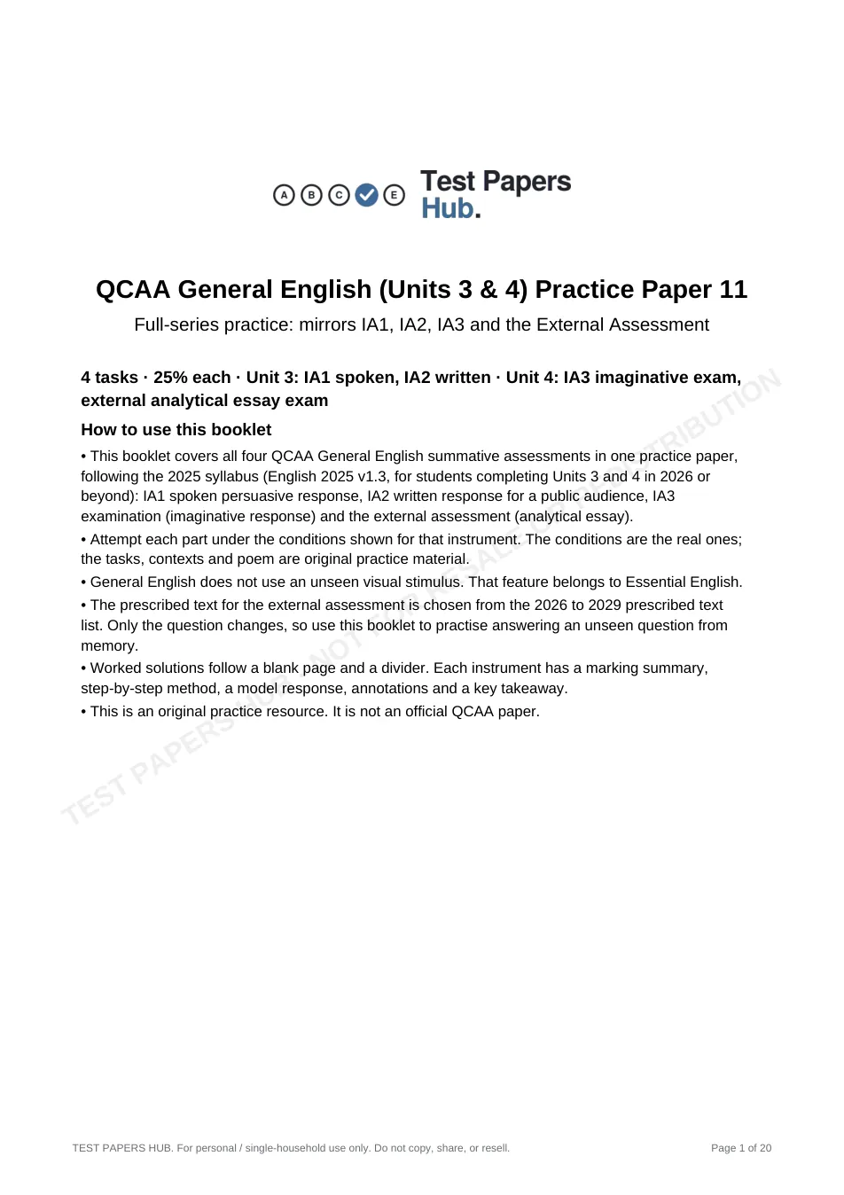 Cover page of QCE General English Practice Paper 11