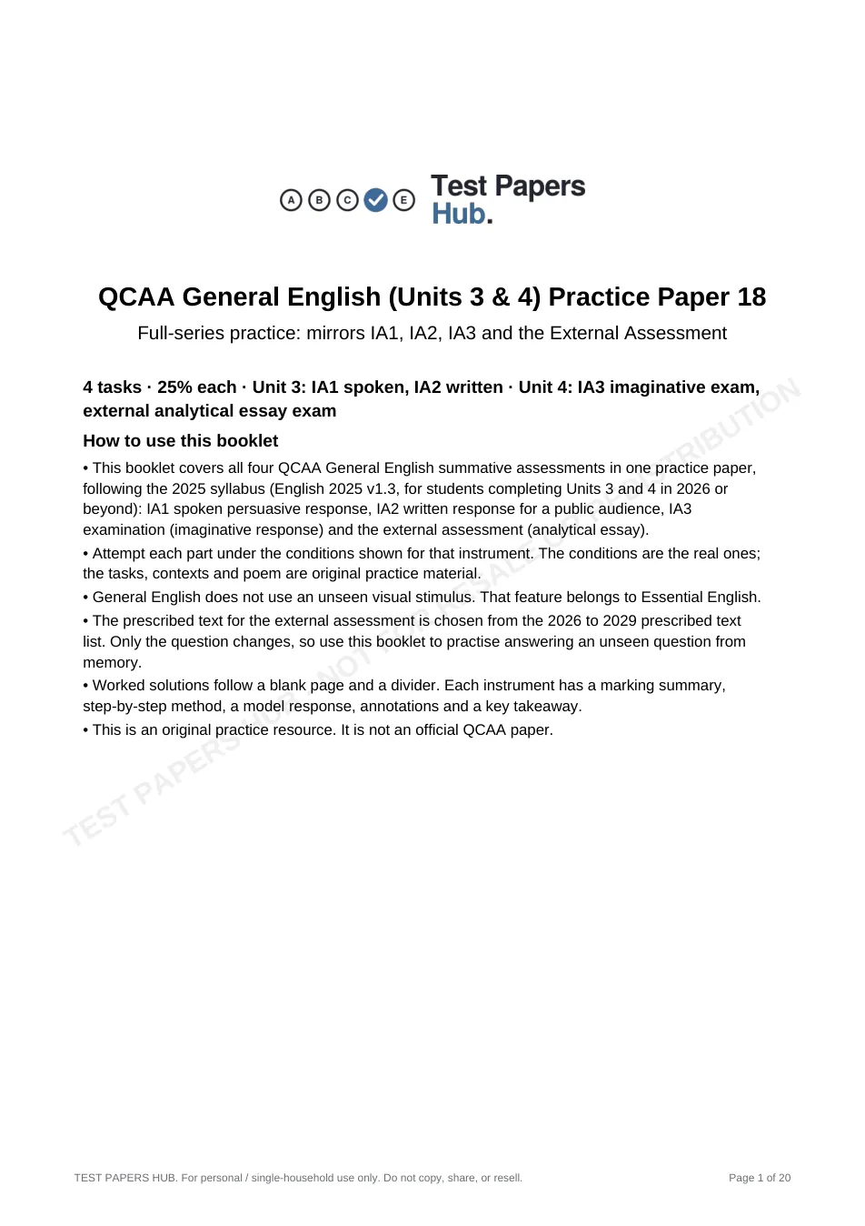 Cover page of QCE General English Practice Paper 18