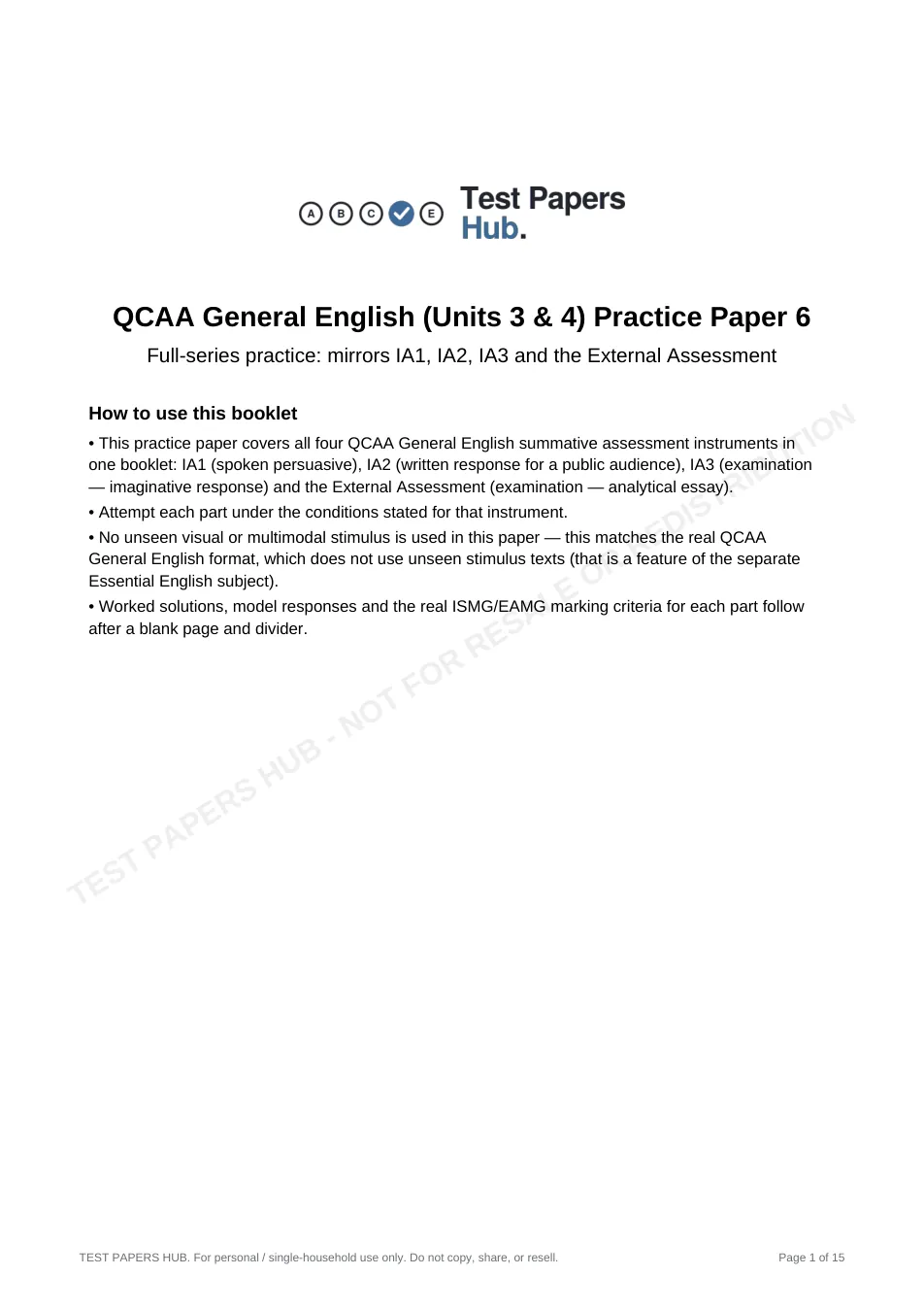 Cover page of QCE General English Practice Paper 6