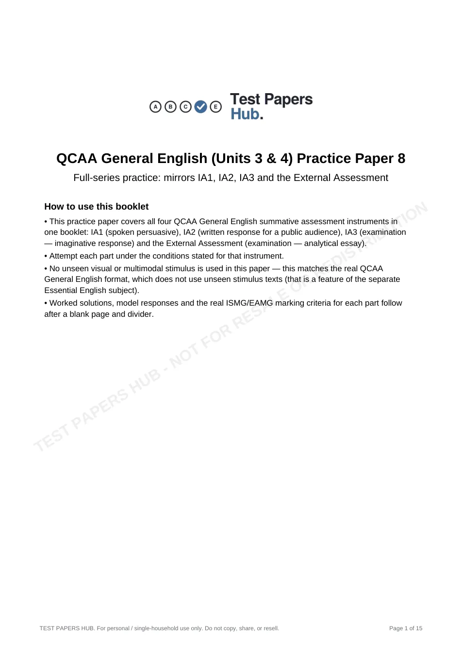 Cover page of QCE General English Practice Paper 8