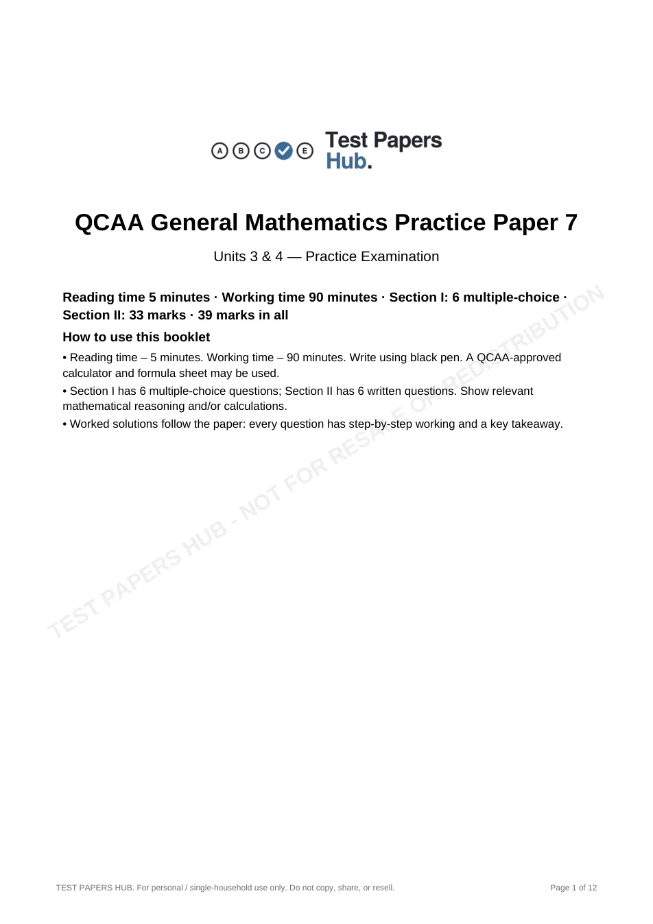 Cover page of QCE General Mathematics Practice Paper 7