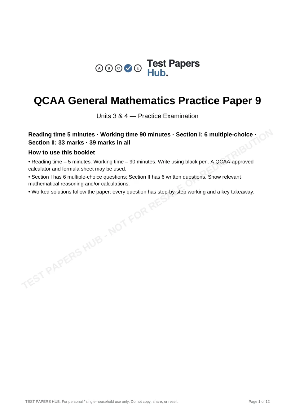 Cover page of QCE General Mathematics Practice Paper 9