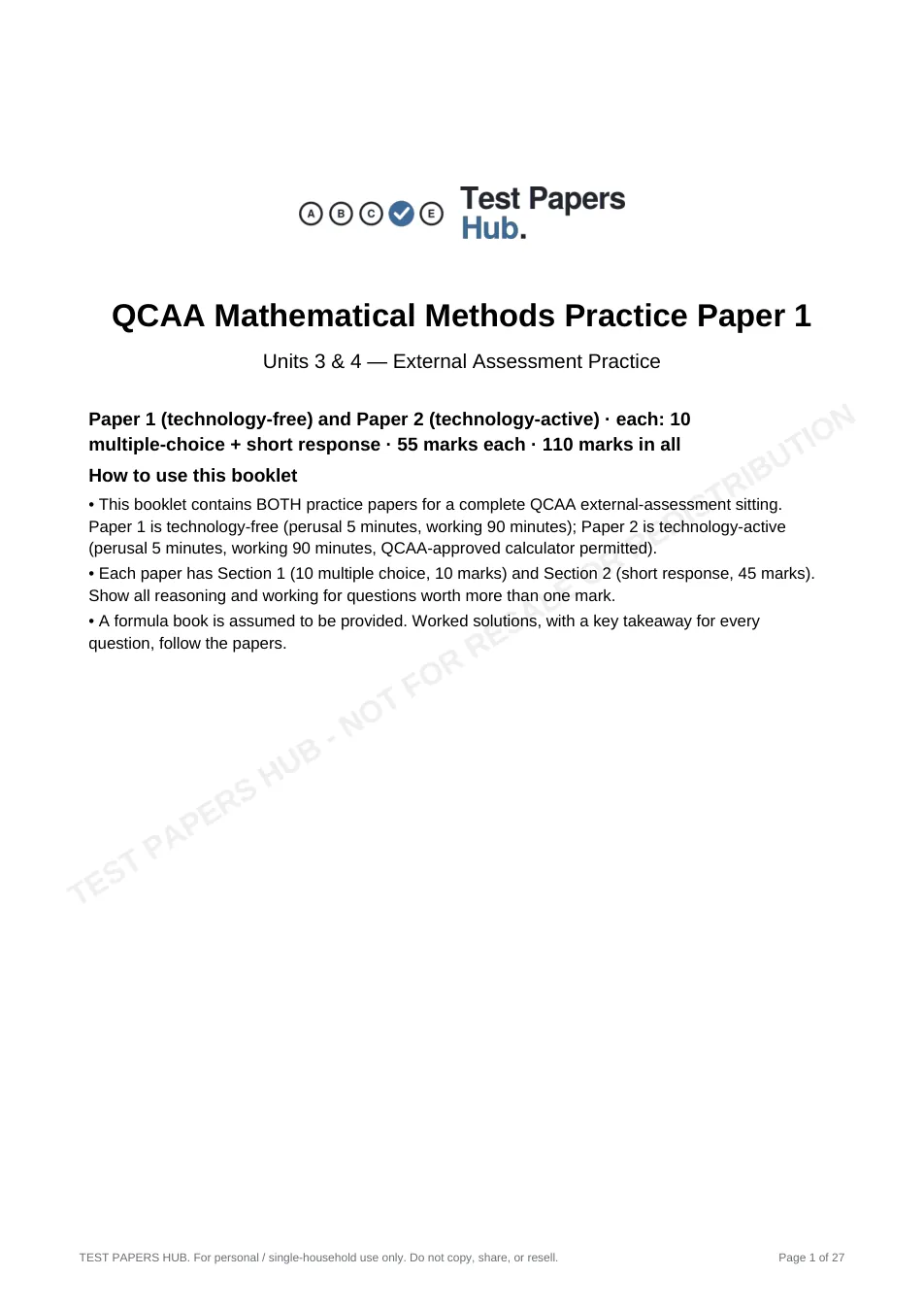 Cover page of QCE Mathematical Methods Practice Paper 1