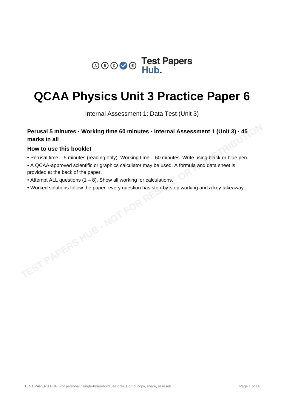 Cover page of QCE Physics IA1 Practice Paper 6