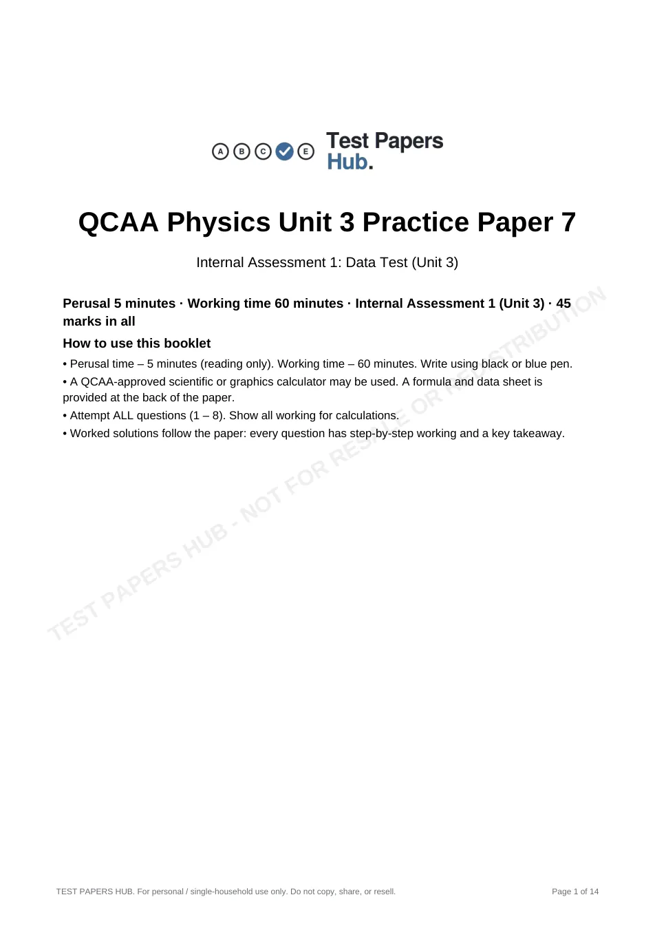 Cover page of QCE Physics IA1 Practice Paper 7