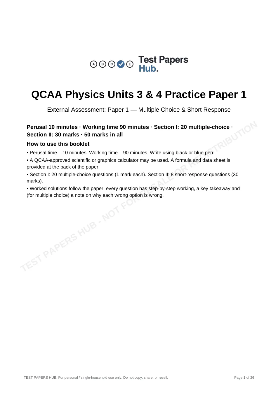 Cover page of QCE Physics Paper 1 Practice Paper 1