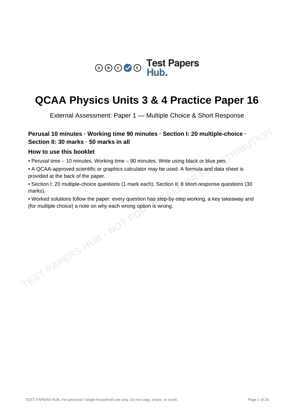 Cover page of QCE Physics Paper 1 Practice Paper 16