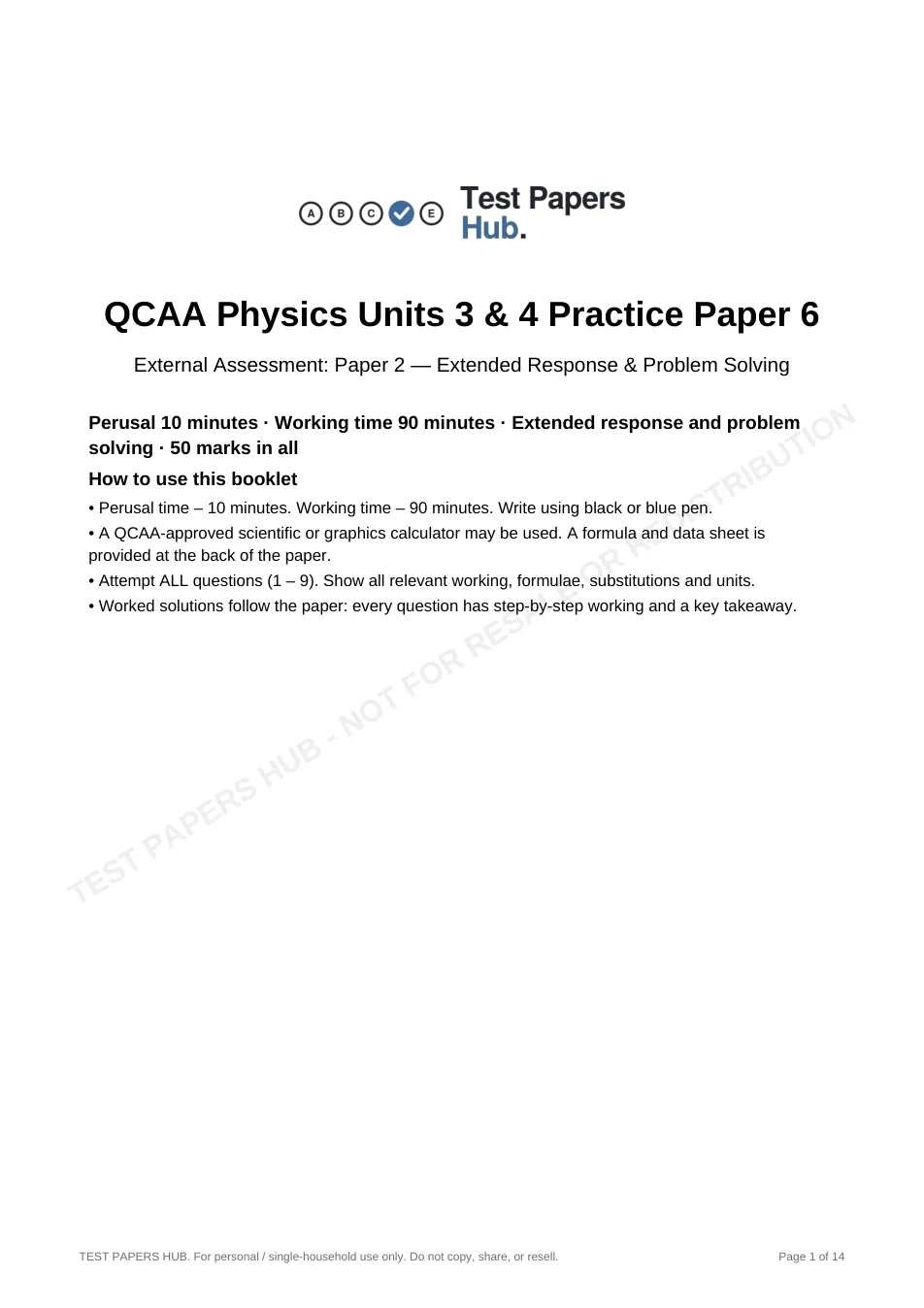 Cover page of QCE Physics Paper 2 Practice Paper 6