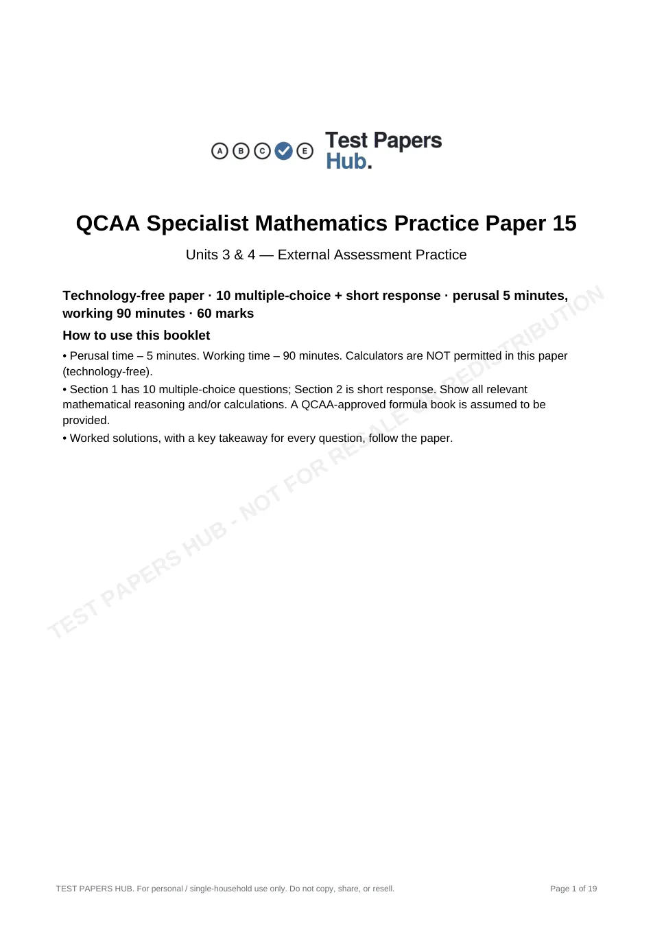 Cover page of QCE Specialist Mathematics Practice Paper 15