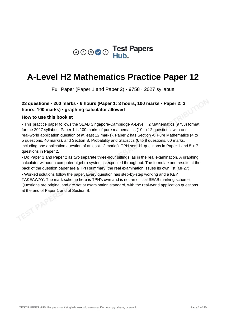 Cover page of Singapore A-Level H2 Maths Practice Paper 12