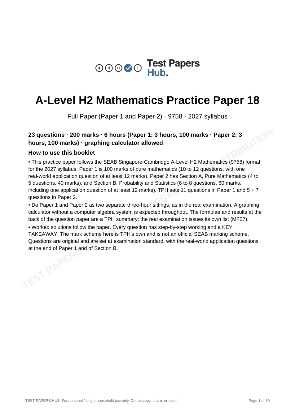 Cover page of Singapore A-Level H2 Maths Practice Paper 18
