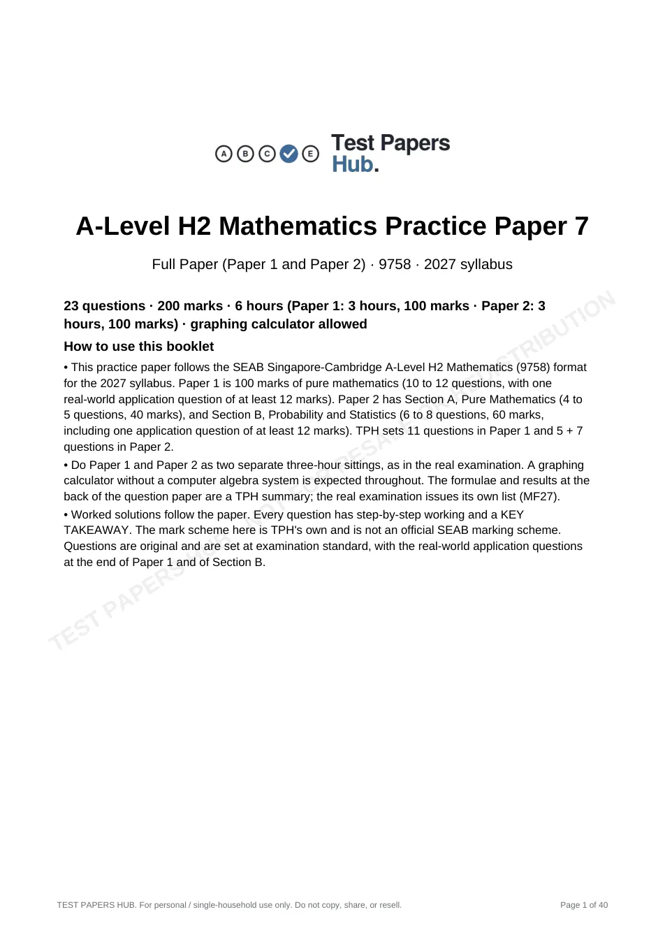Cover page of Singapore A-Level H2 Maths Practice Paper 7