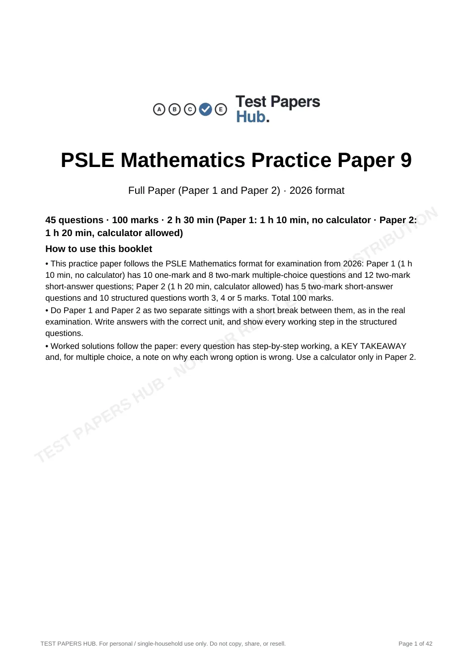 Cover page of Singapore PSLE Maths Practice Paper 9