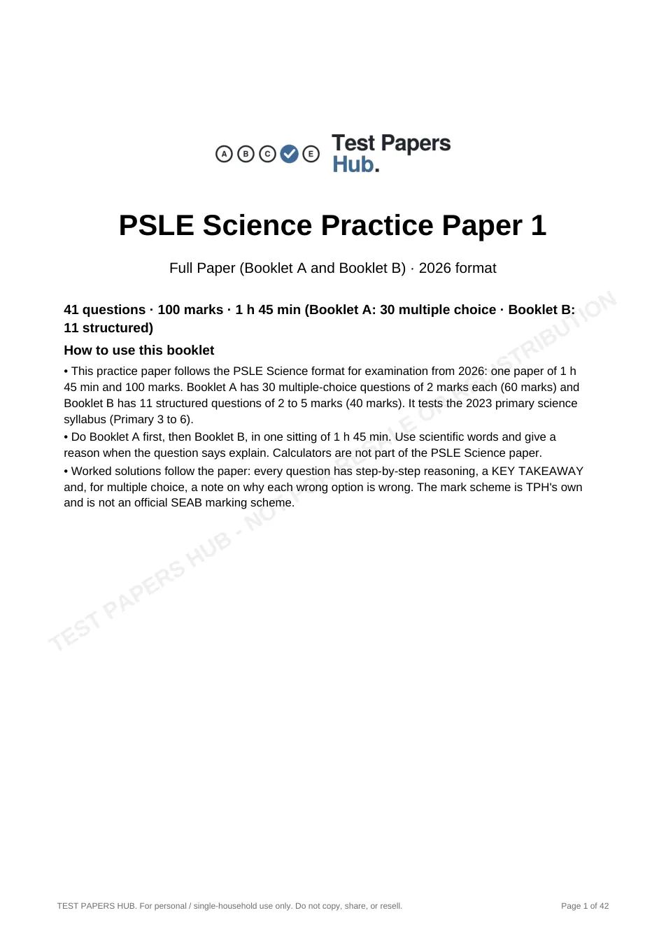 Cover page of Singapore PSLE Science Practice Paper 1