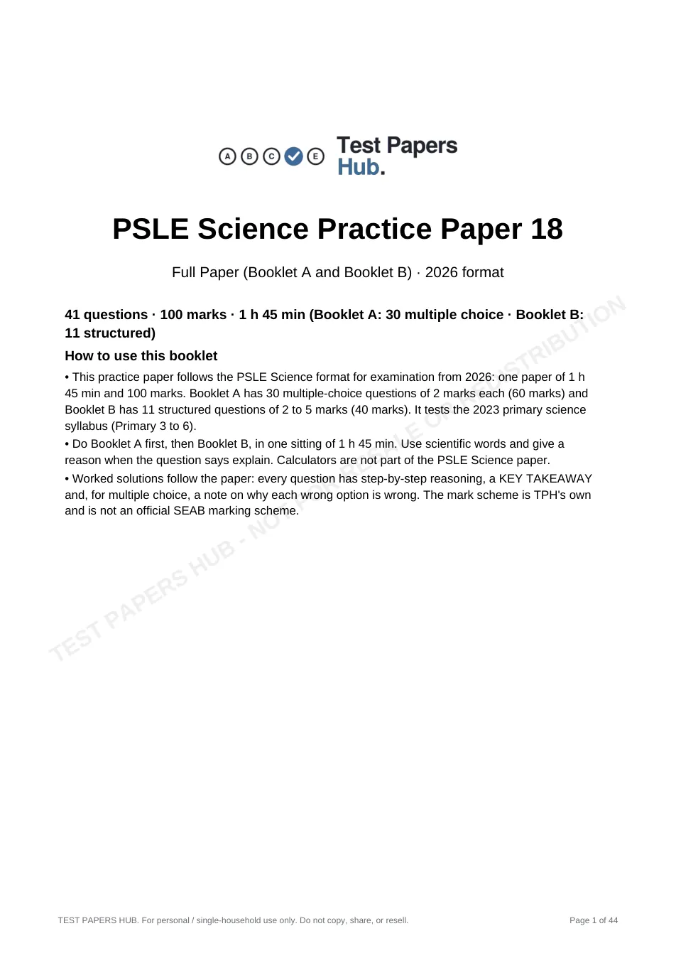 Cover page of Singapore PSLE Science Practice Paper 18