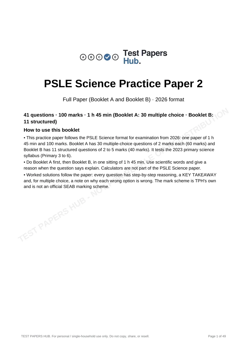 Cover page of Singapore PSLE Science Practice Paper 2