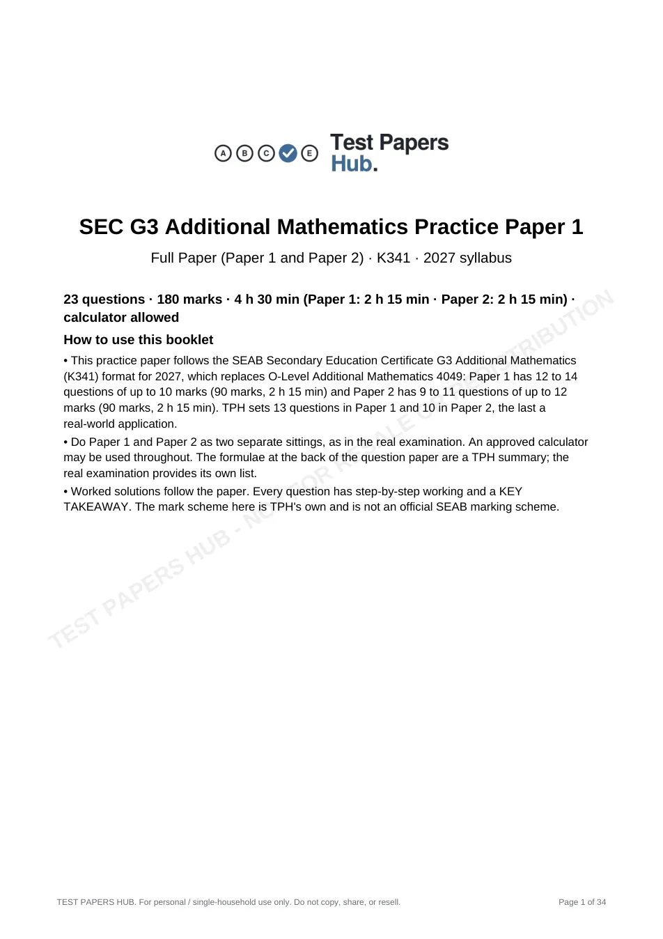 Cover page of Singapore SEC G3 Additional Maths Practice Paper 1