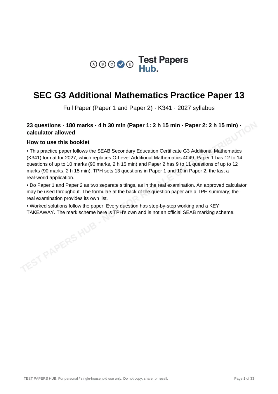 Cover page of Singapore SEC G3 Additional Maths Practice Paper 13