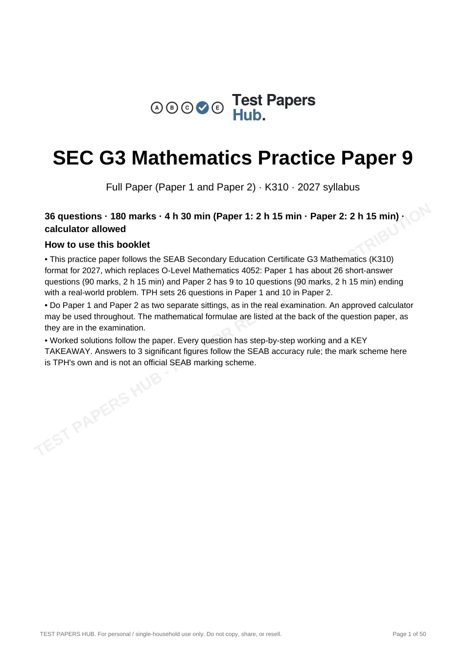 Cover page of Singapore SEC G3 Maths Practice Paper 9