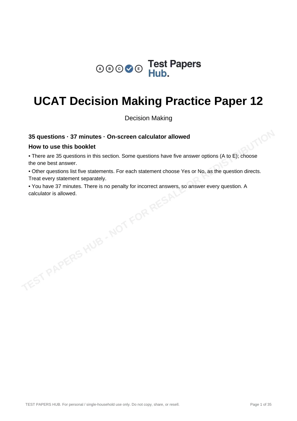 Cover page of UCAT Decision Making Practice Paper 12