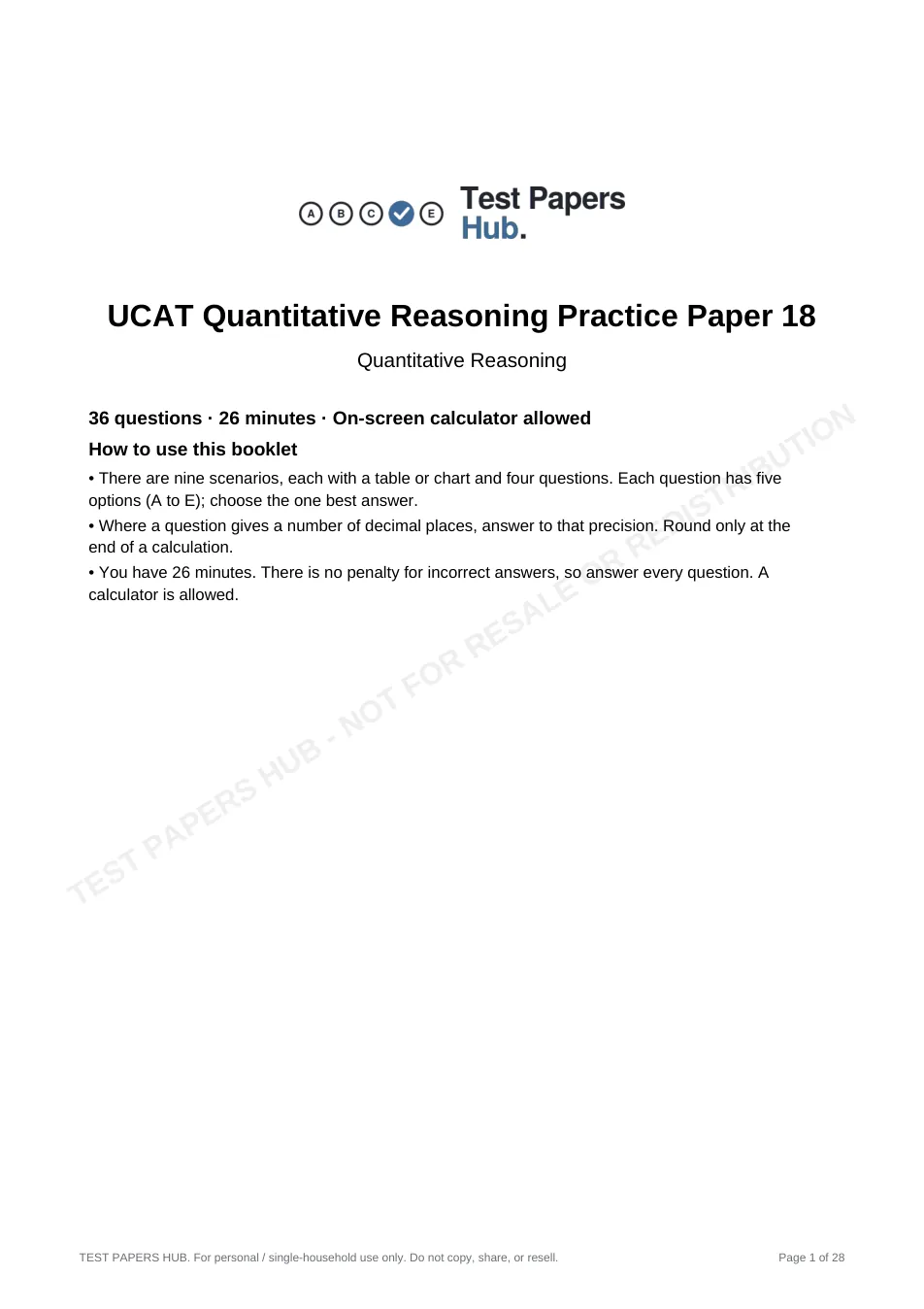 Cover page of UCAT Quantitative Reasoning Practice Paper 18