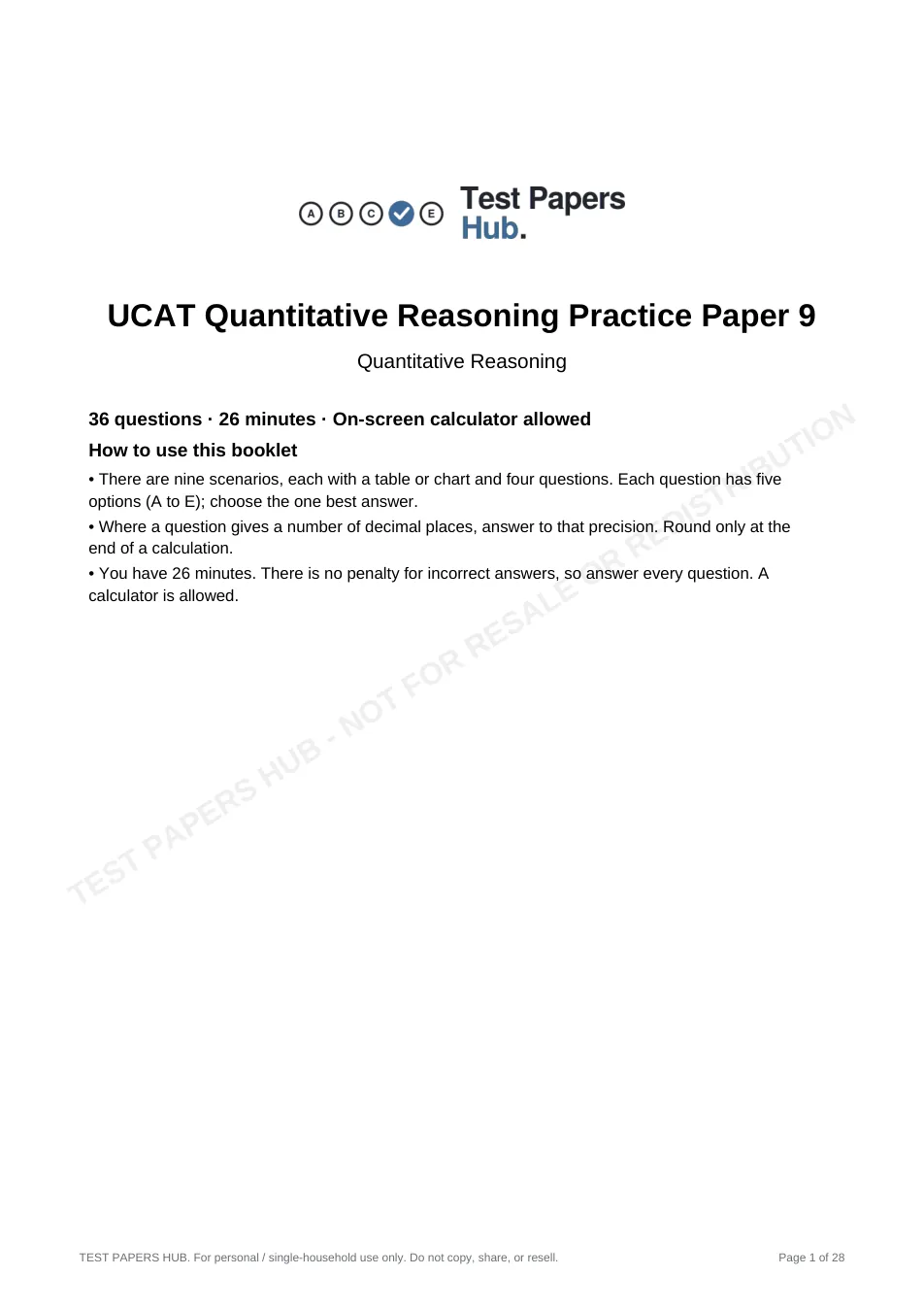 Cover page of UCAT Quantitative Reasoning Practice Paper 9