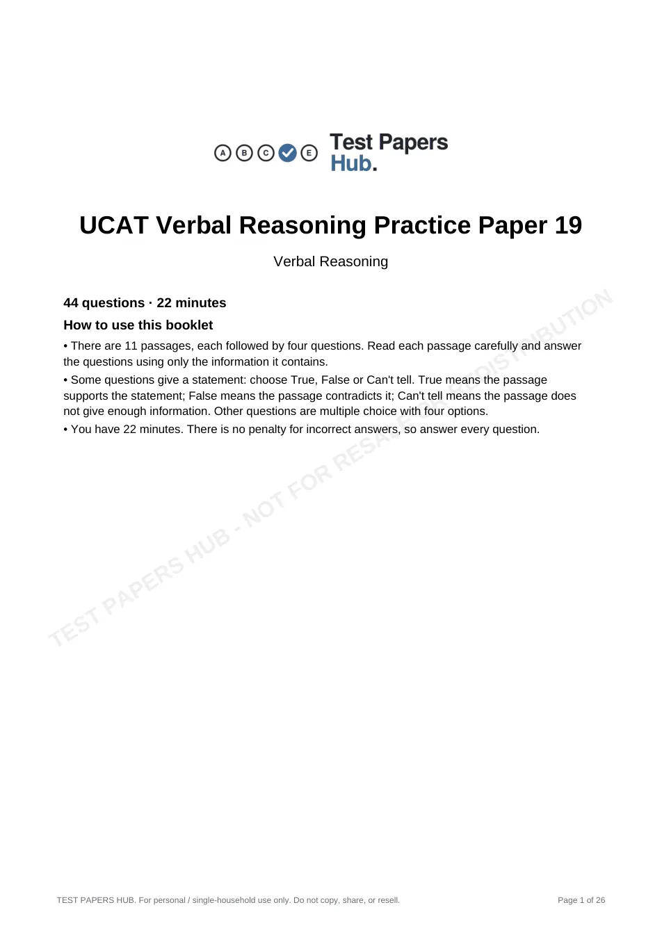 Cover page of UCAT Verbal Reasoning Practice Paper 19