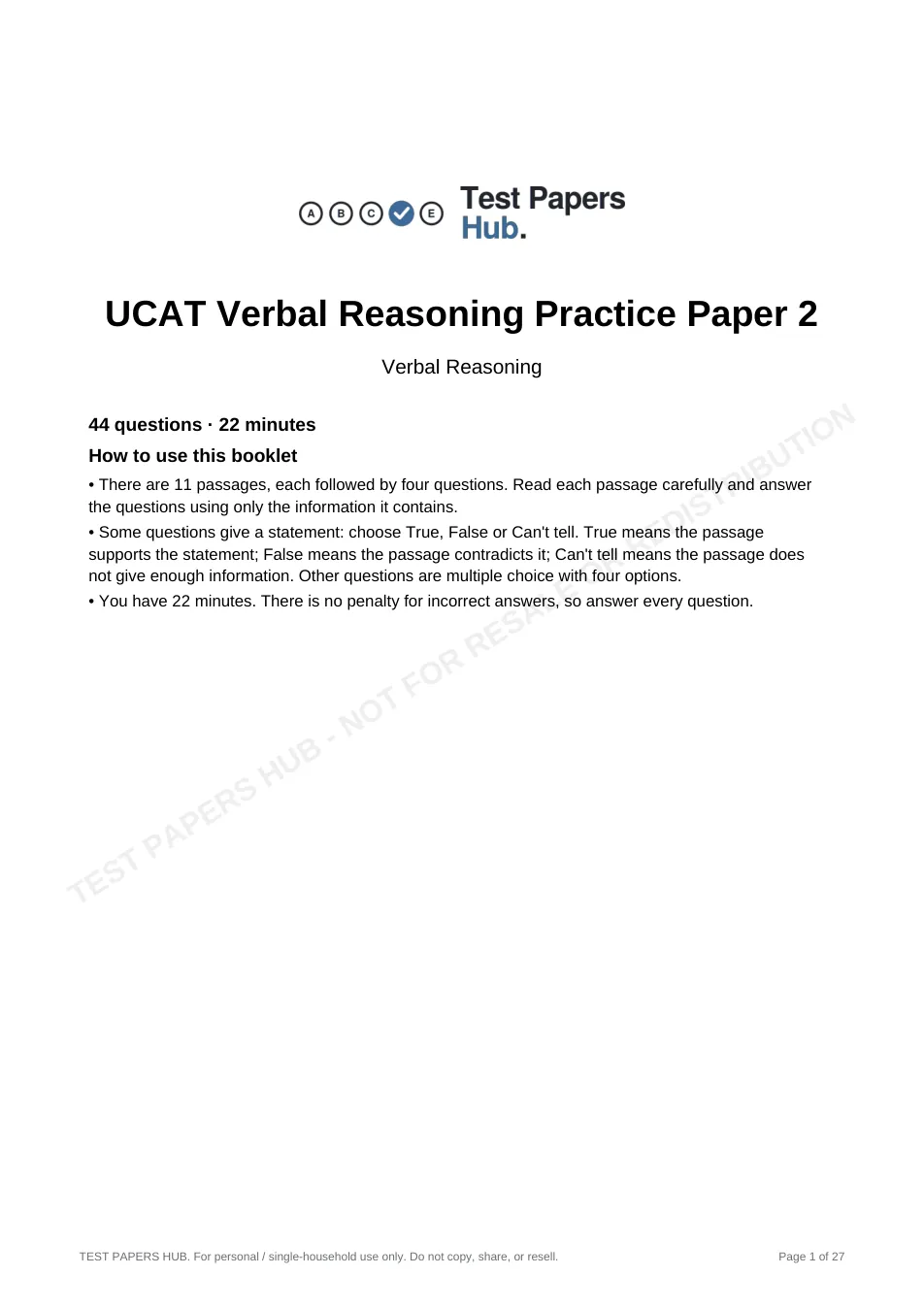 Cover page of UCAT Verbal Reasoning Practice Paper 2