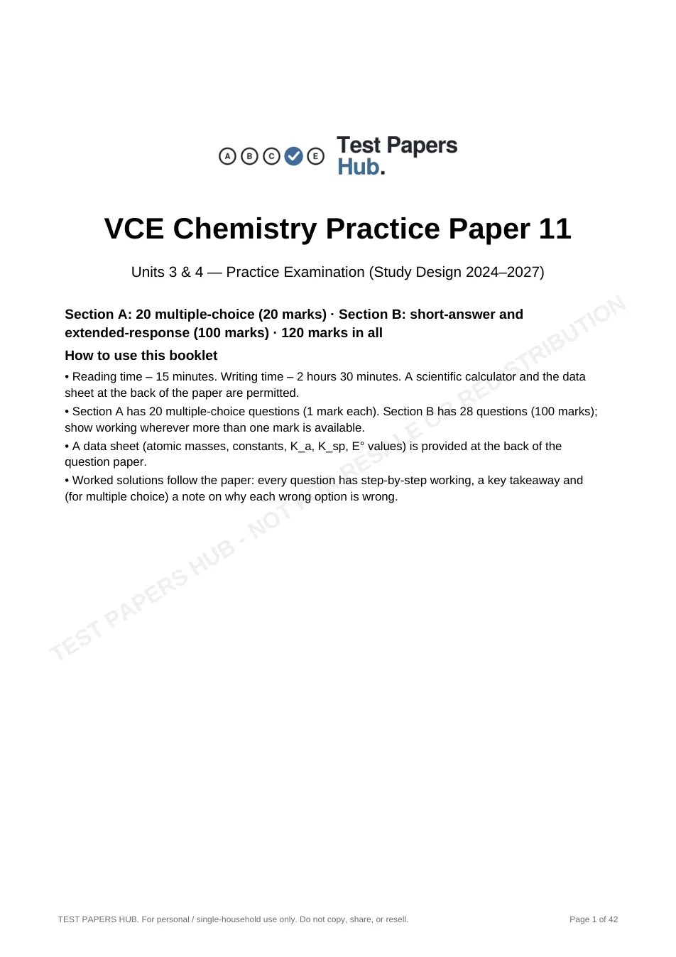 Cover page of VCE Chemistry Practice Paper 11