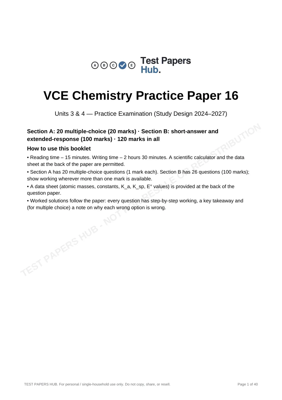 Cover page of VCE Chemistry Practice Paper 16