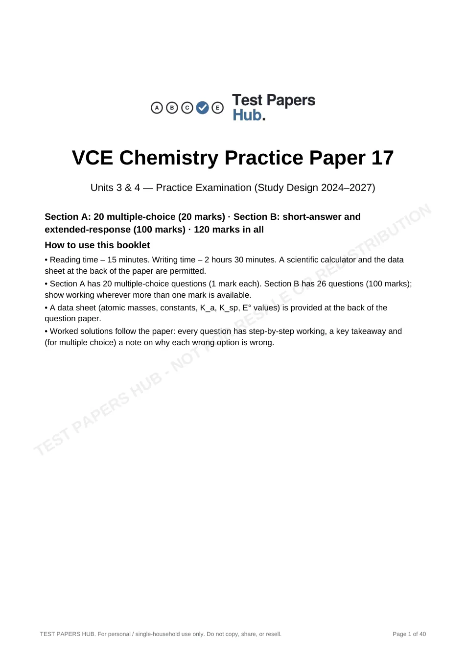 Cover page of VCE Chemistry Practice Paper 17