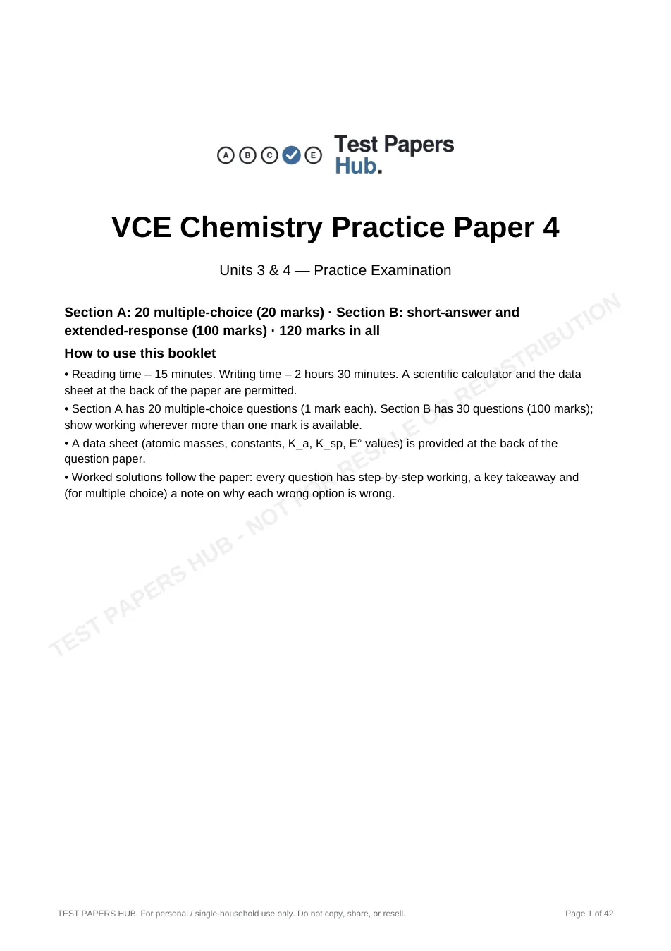 Cover page of VCE Chemistry Practice Paper 4