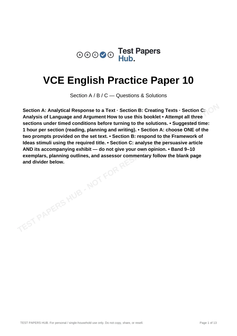 Cover page of VCE English Practice Paper 10