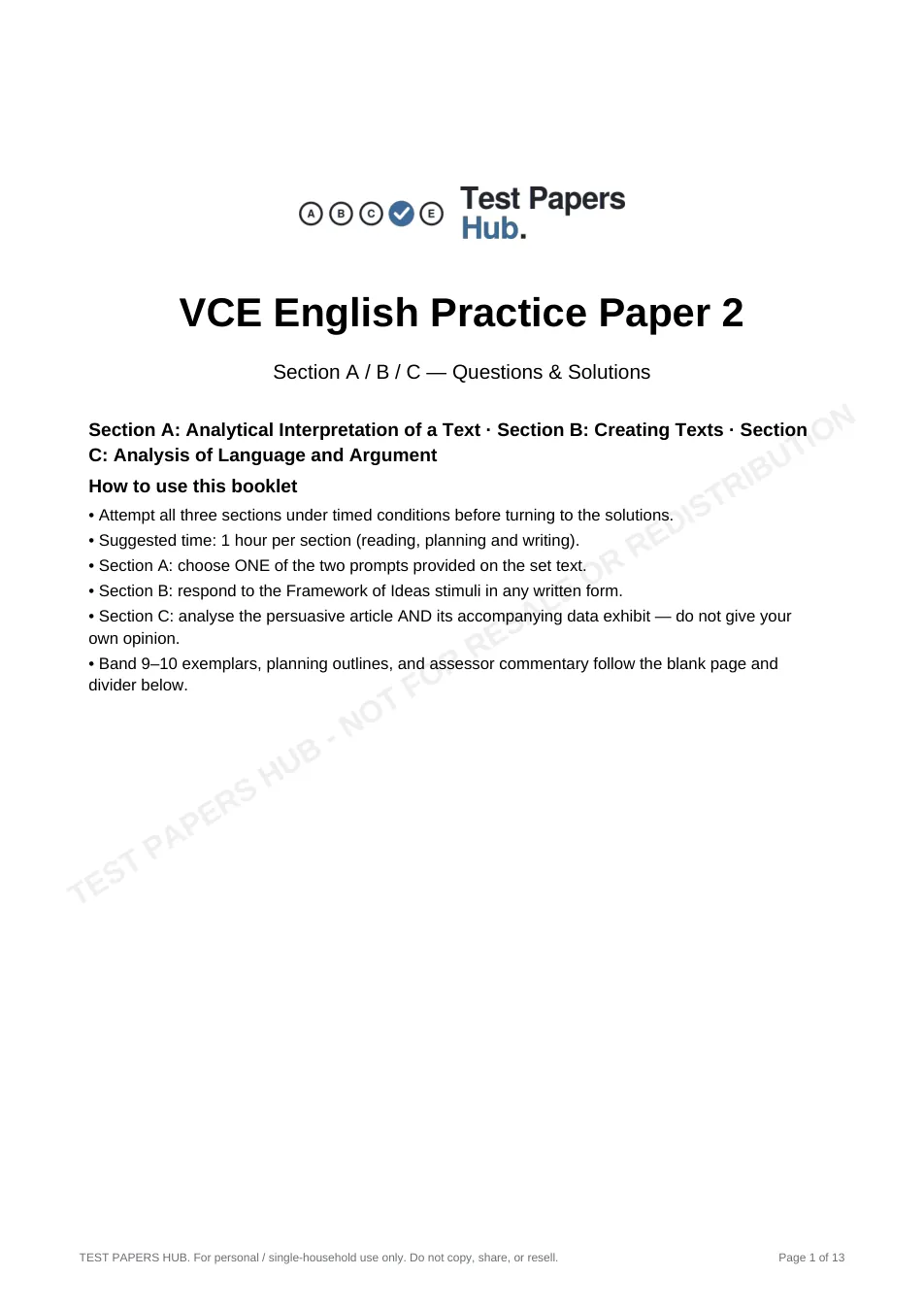 Cover page of VCE English Practice Paper 2