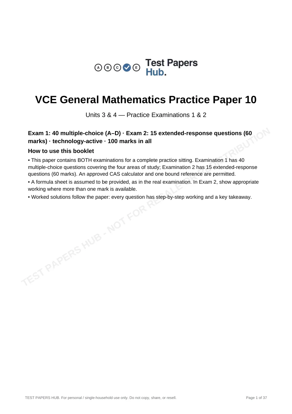 Cover page of VCE General Mathematics Practice Paper 10