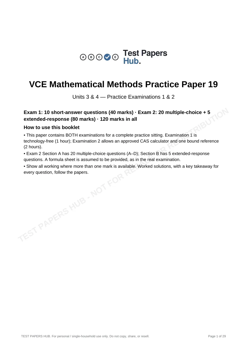 Cover page of VCE Methods Mathematics Practice Paper 19