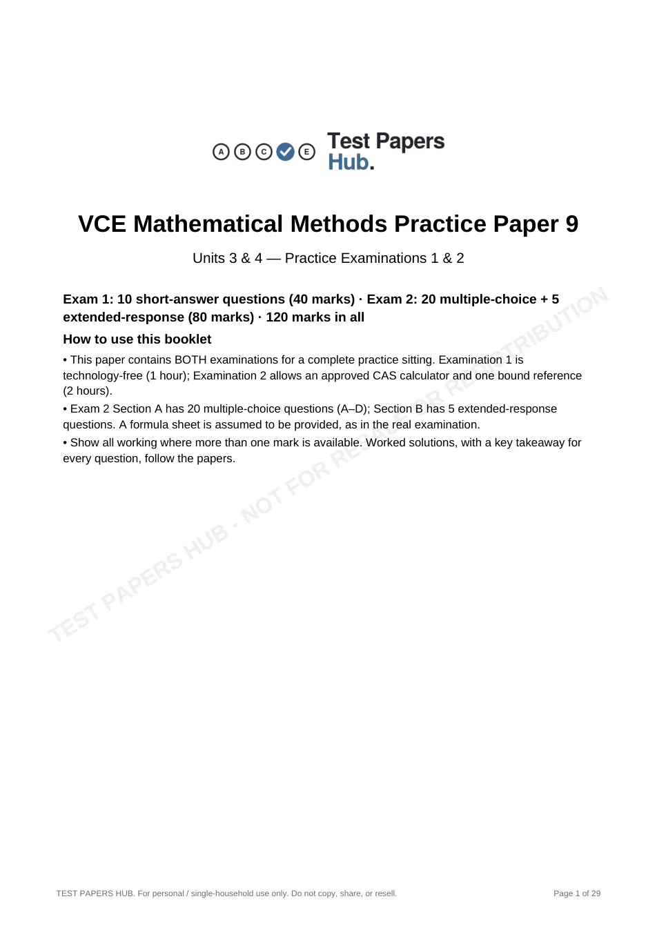 Cover page of VCE Methods Mathematics Practice Paper 9