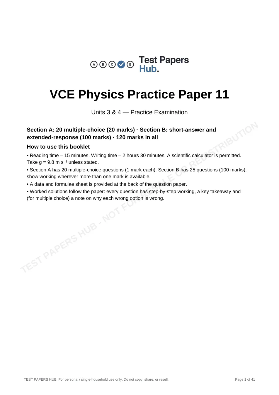 Cover page of VCE Physics Practice Paper 11