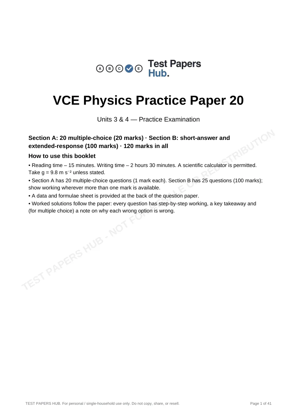 Cover page of VCE Physics Practice Paper 20